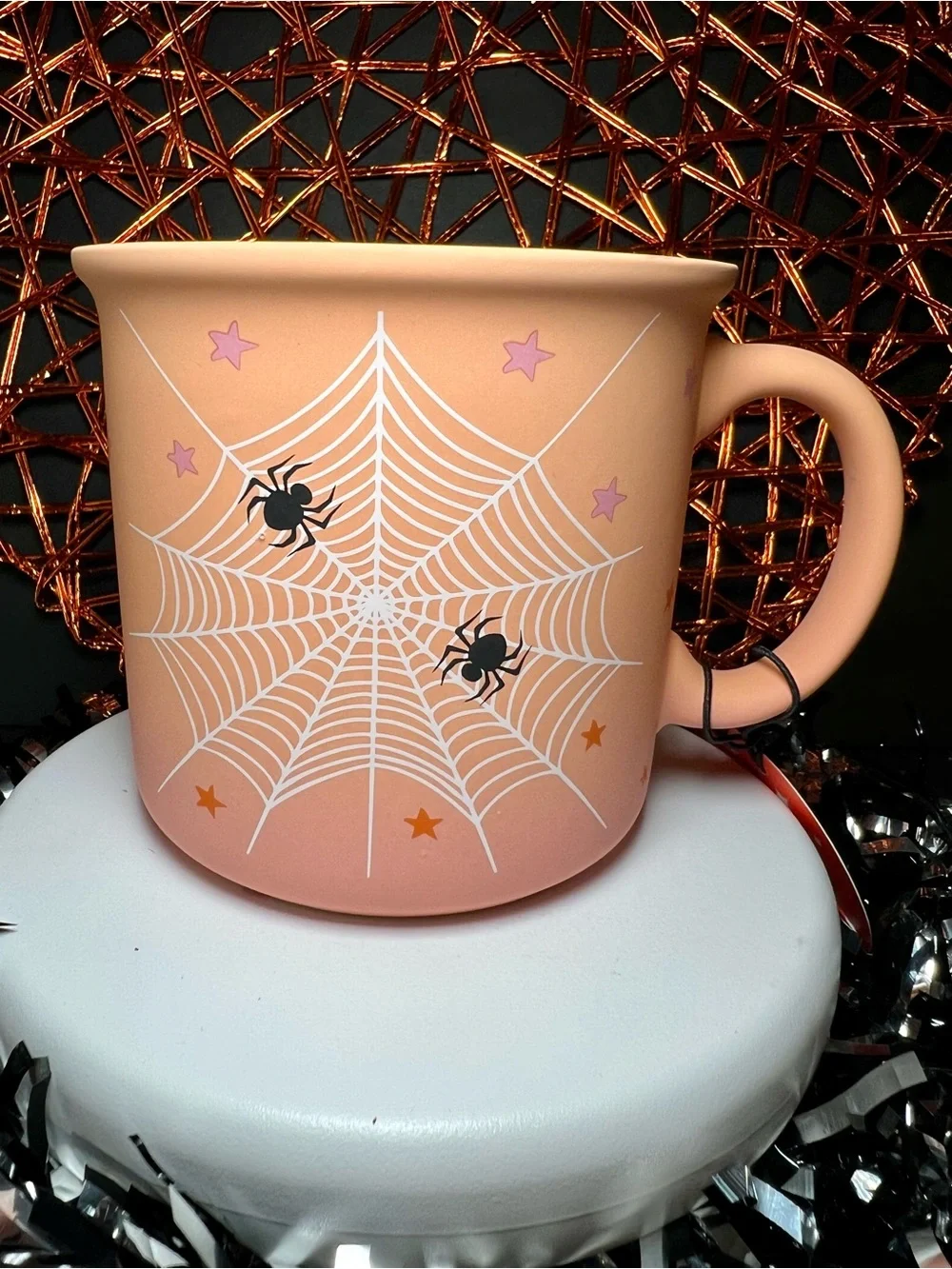 Halloween Light Orange Spiderweb Mug with Black Spiders Ombré Stars Stoneware